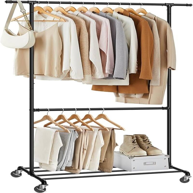 Industrial Double Rod Metal Clothing Rack for Hanging Clothes - 19.3"D x 51.2"W x 78"H