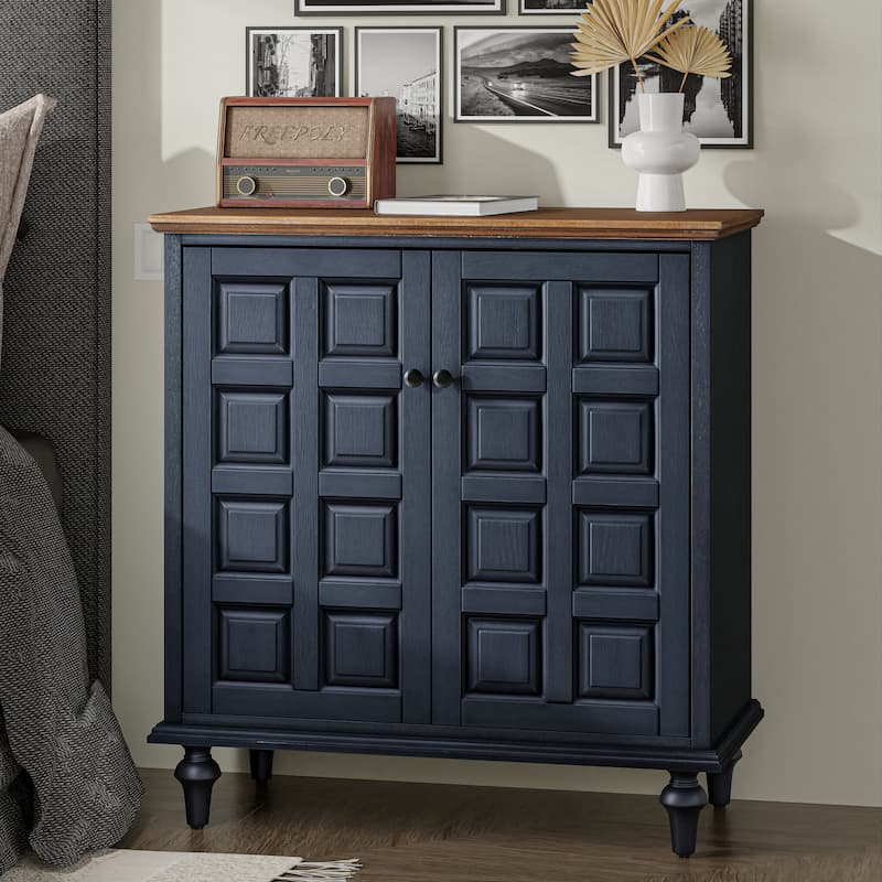 COZAYH Vintage Storage Cabinet With Plaid Pattern Front, Rustic Sideboards With Push-to-open Doors For Bedroom, Living Room