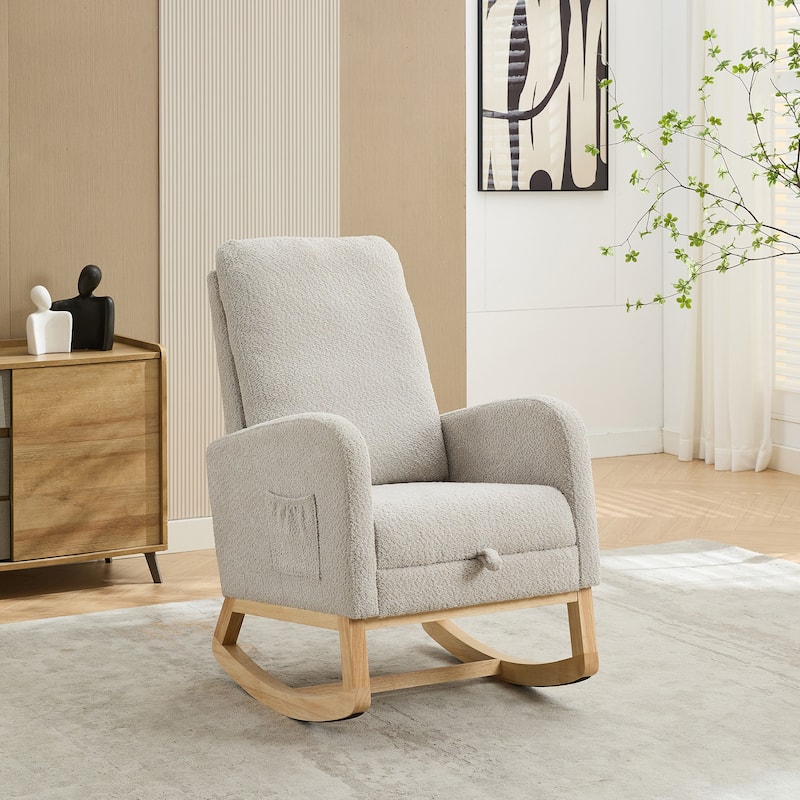 Light Gray Nursery Rocking Chair High Back Glider Chair Armchair with Retractable Footrest and Side Pocket