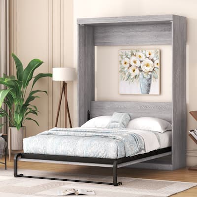 Grey MDF & Metal Full Size Murphy Bed with Foldable Cabinet Design and Hidden Legs