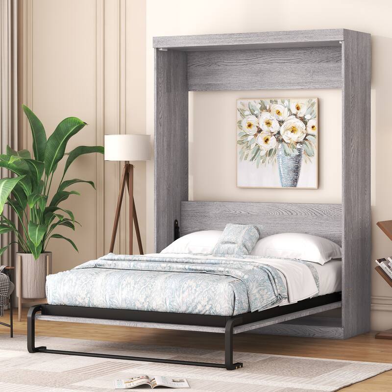 Space-Saving Full Size Foldable Cabinet Bed in Gray - Grey