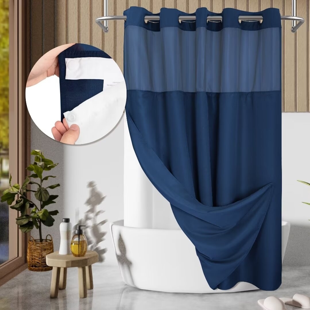 No Hooks Required Slub Textured Shower Curtain with Snap-in Liner