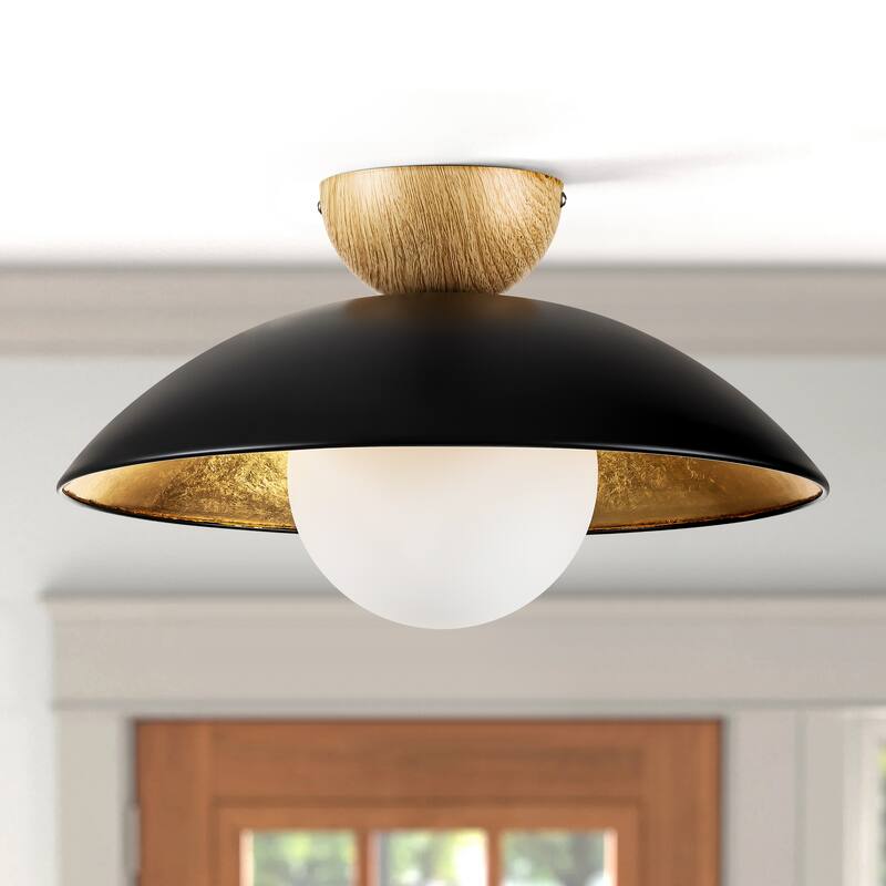14.5 in. 1-Light Black/White Finish Wood Gold Leaf Dome Semi-Flush Mount Light with Opal Glass Globe - Black/Gold Leaf