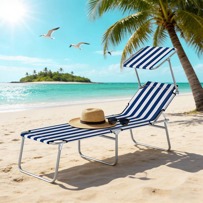 Outsunny Outdoor Lounge Chair, Adjustable Folding Chaise Lounge, Tanning Chair with Sun Shade for Beach, Camping, Hiking