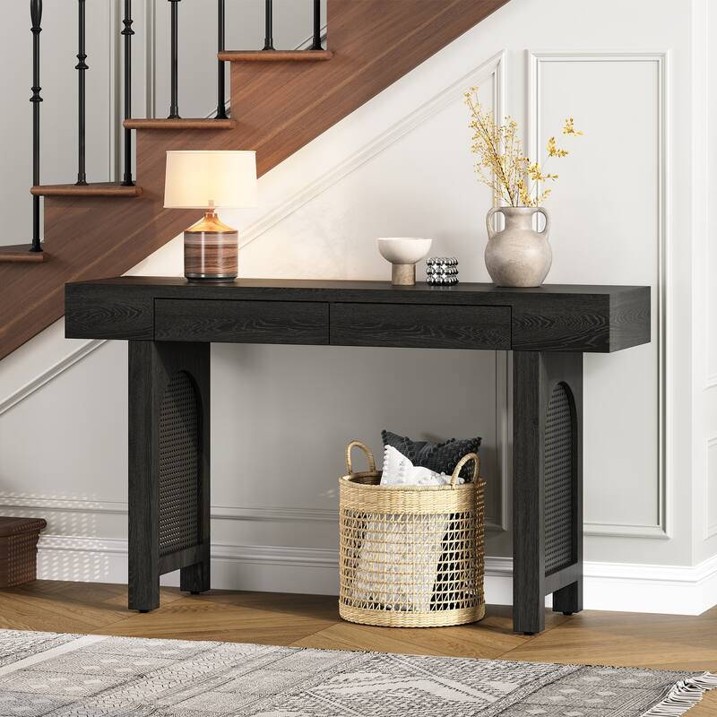 52 Inch 2 Drawers Console Table/Bar Table with Natural Wood Finish - Black