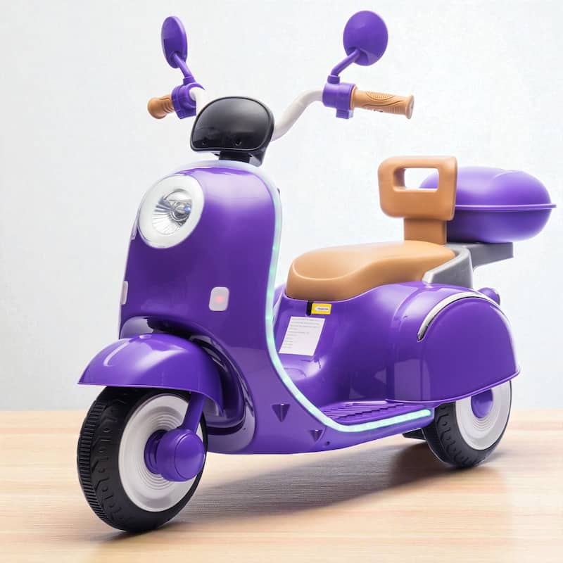 12V Three-Wheeled Kids Electric Motorcycle with LED Lights, Dual Motor, Spacious Storage, Bluetooth, for 3-6 Years - Purple