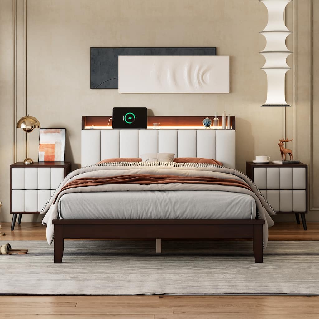 3-Pieces Full Size Wood Platform Bed Bedroom Sets