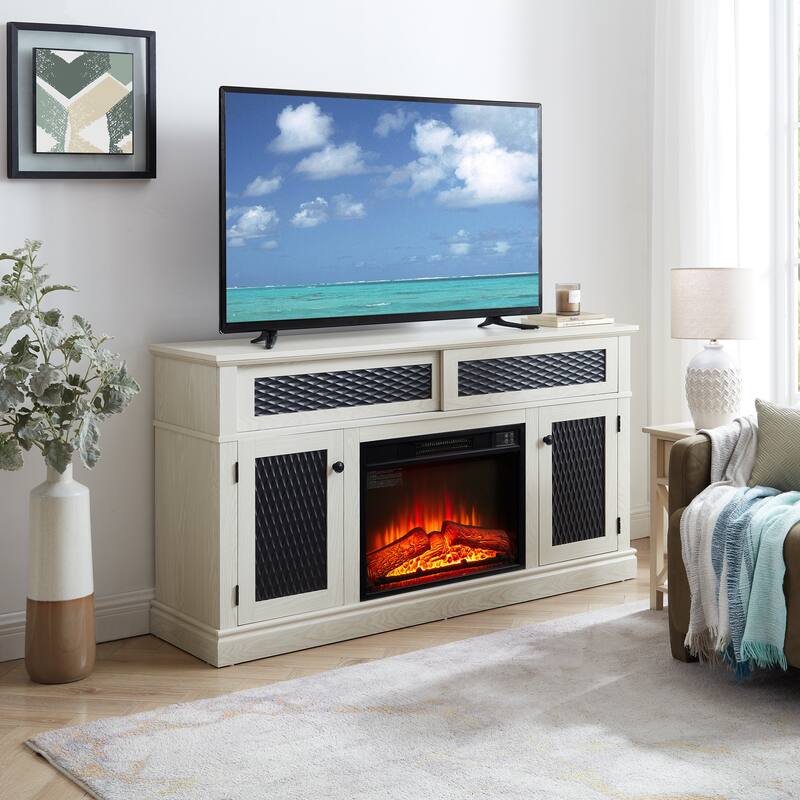 Modern Fireplace TV Stand with Sliding Door, Open and Closed Storage Space, for Living Rooms and Bedrooms, White