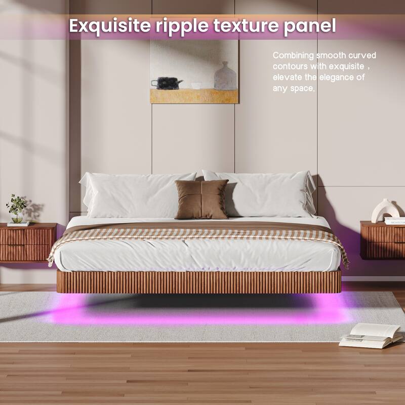 King Size Floating Bed Frame with LED Lights, Wave Curve Wood Texture, Heavy Duty Metal Slats, No Box Spring Needed