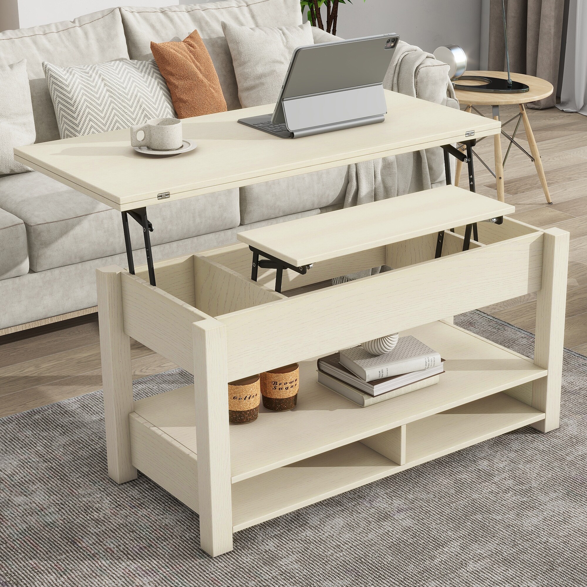 Ivory Multi-Functional Lift Top Coffee Table with Open Shelves for