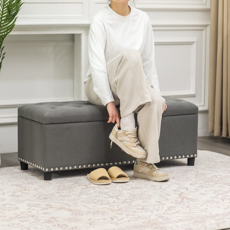 Adeco 41 Inches Storage Bench Linen Tufted Top Ottoman for Living Room