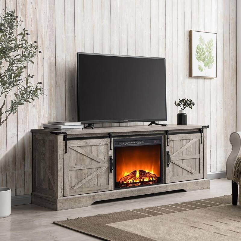 Farmhouse Fireplace TV Stand, Rustic Entertainment Center - 65 inches in width - Light Rustic Oak