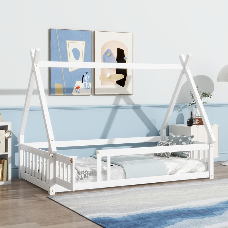 Twin Size Tent-shaped Floor Bed with Guardrails,Slats and Door