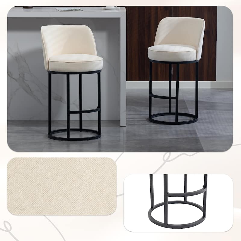 Counter Height Bar Stools Set of 2, Modern Barrel Counter Stools with Backrest, Linen Fabric Upholstered Accent Bar Stools - Beige