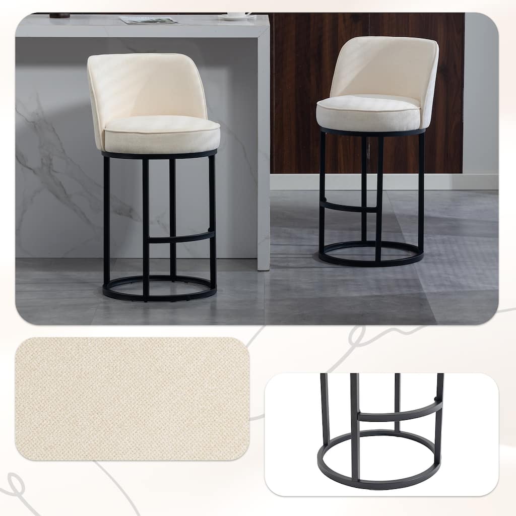 Set of 2 Modern Barrel Counter Stools with Backrest, Linen Upholstered Bar Stools for Kitchen Island