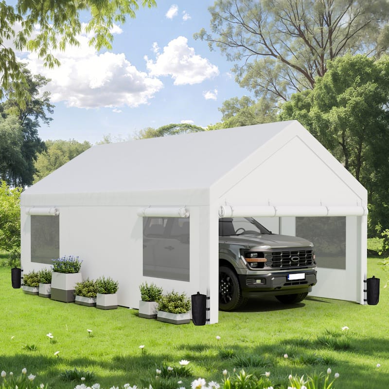 Futzca 12x20 ft Carport Canopy, Waterproof Outdoor Shelter with Sandbags - White - 12*20FT