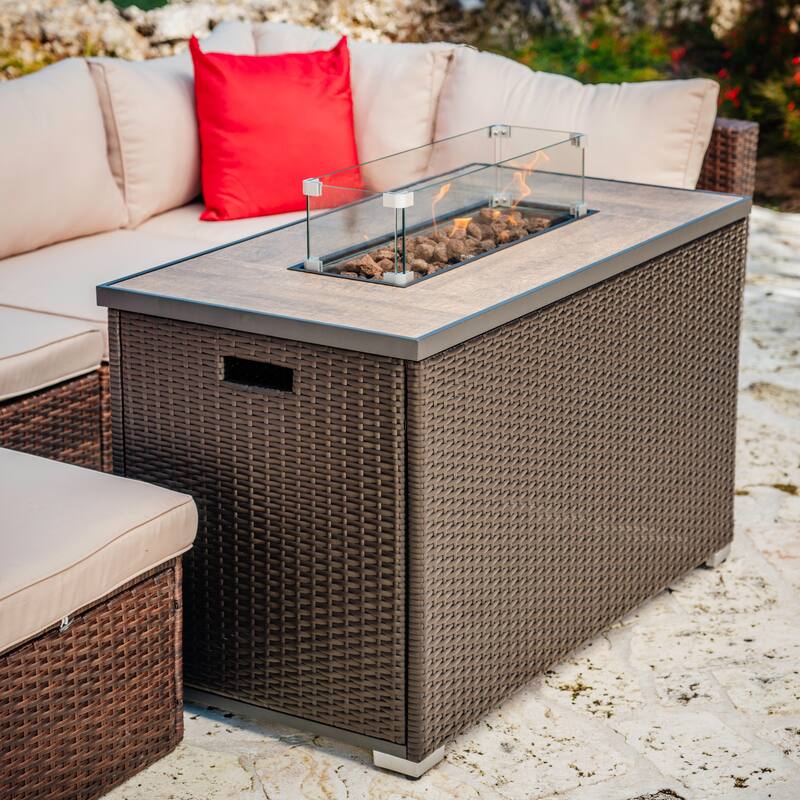 Empyrean Outdoor 43" Wicker Fire Pit Table with Glass Shield