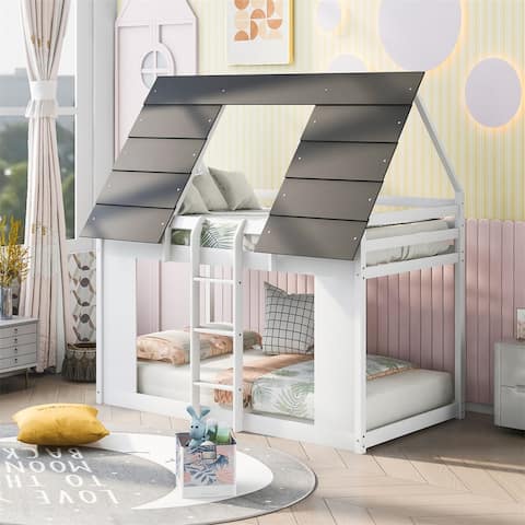 Merax House Twin over Twin Bunk Bed with Roof and Built-in Ladder