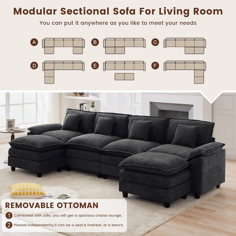 Modular Chenille Sectional Sofa with Ottomans, Deep Seat, Wide Padded Armrests, 2-Seat / 3-Seat / 4-Seat Options