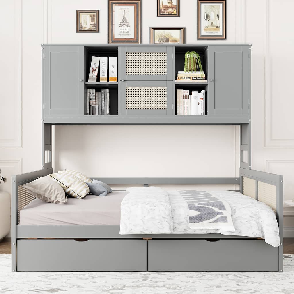 Full Size Wooden Daybed with 2 Drawers, All-in-One Cabinet, and Shelf
