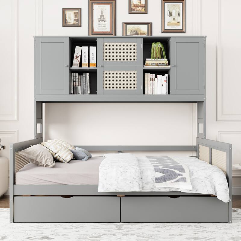 Twin Daybed with Storage Drawers, Cabinet, and Shelf, Sturdy Wood Construction - Gray - Full