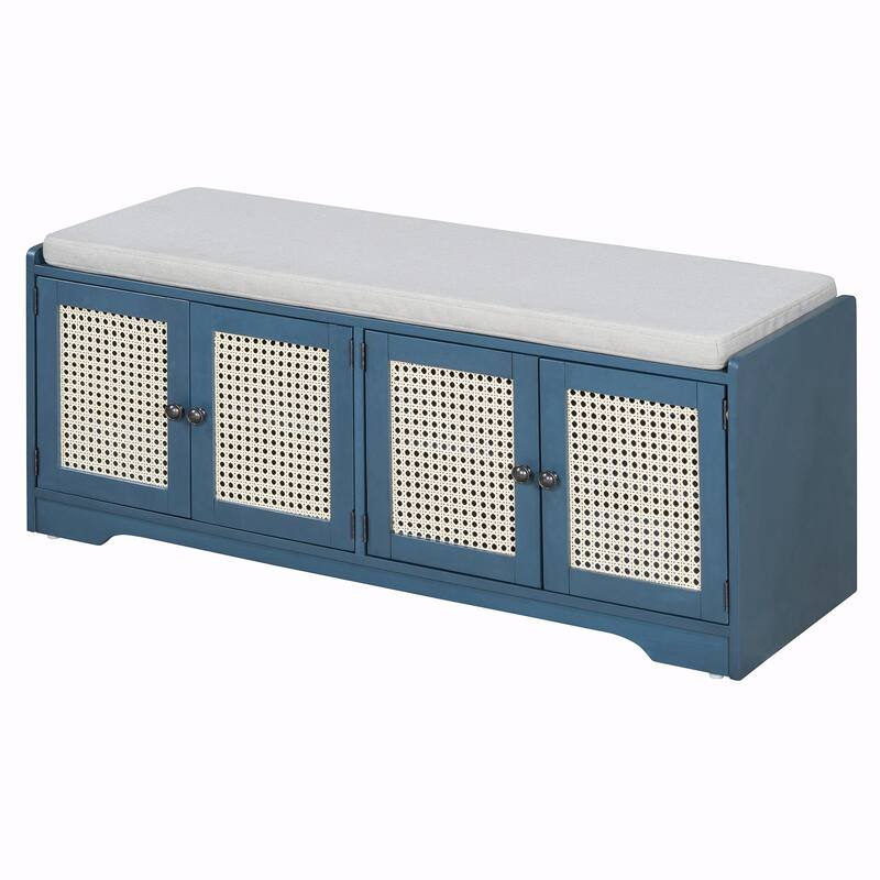 Rustic Storage Bench with Removable Cushion, Woven Rattan Doors & Adjustable Shelves