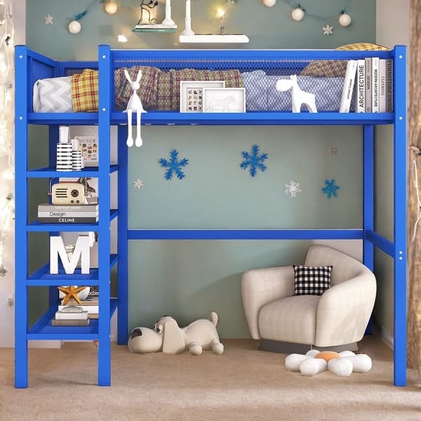 slide 2 of 18, Modern Style Full Size Metal Loft Bed with 4-Tier Shelves and Storage, Creative Structure, Storage Space, Good Stability, Blue Blue