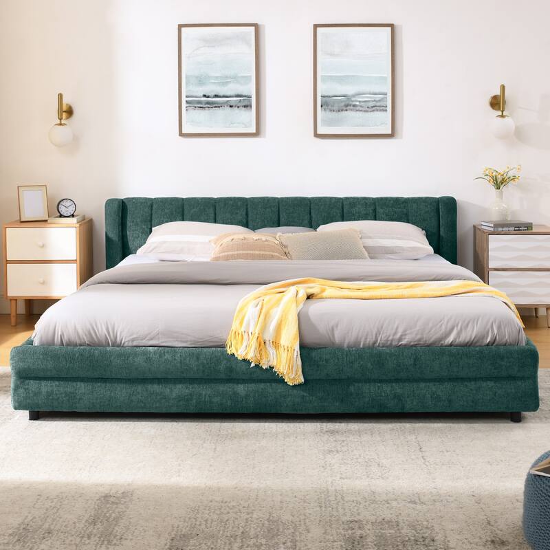 King Upholstered Bed Frame with Storage Drawer, Thick Padded Headboard & Solid Frame in Chenille Fabric