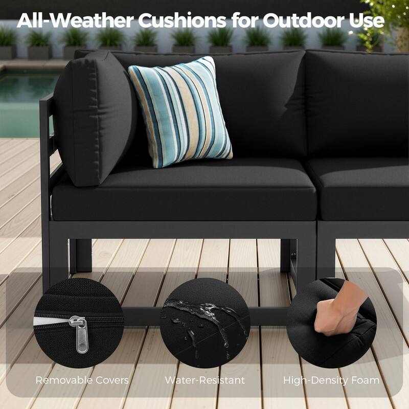 7 Piece Aluminum Patio Furniture Set with Fire Pit Propane/Gas, 29 inch Deep Wide Seat Aluminum Outdoor Sectional