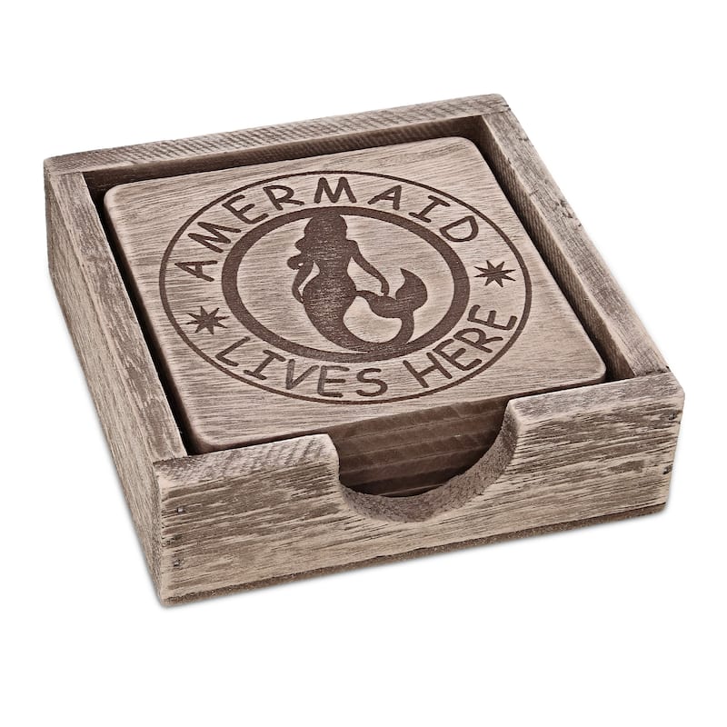 CoTa Global Driftwood Mermaid Coasters with Holder - Set of 6 - 4.9Lx4.9Wx1.5H inches