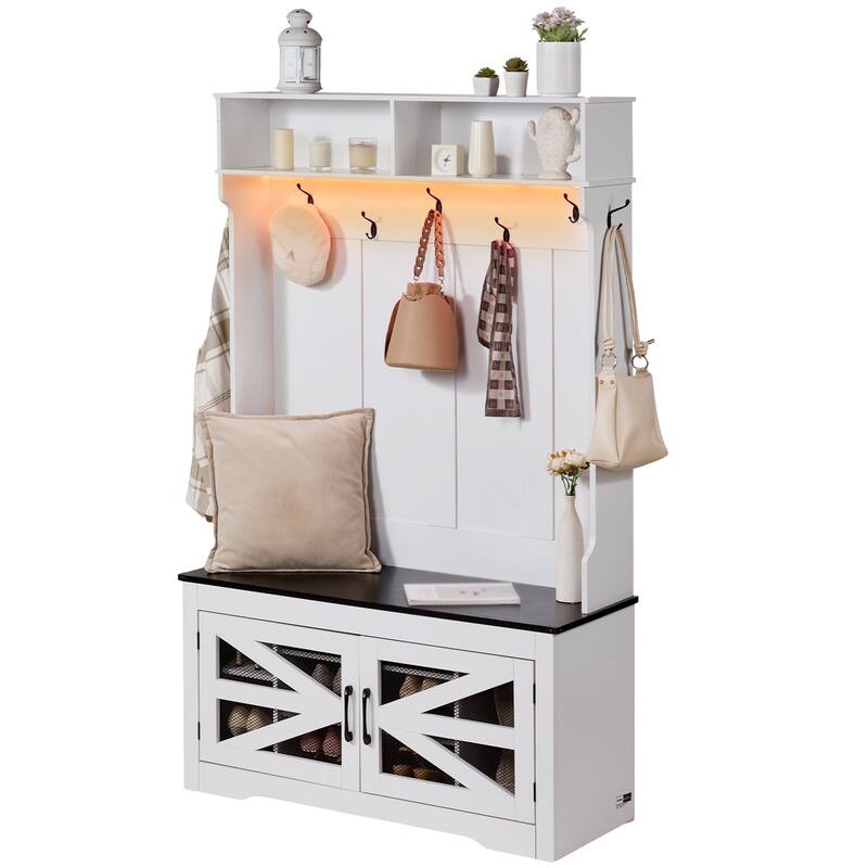 Hall Tree Bench with Shoe Storage and Hooks for Entryway or Mudroom - / 42.24” x 16.44” x 67.2”