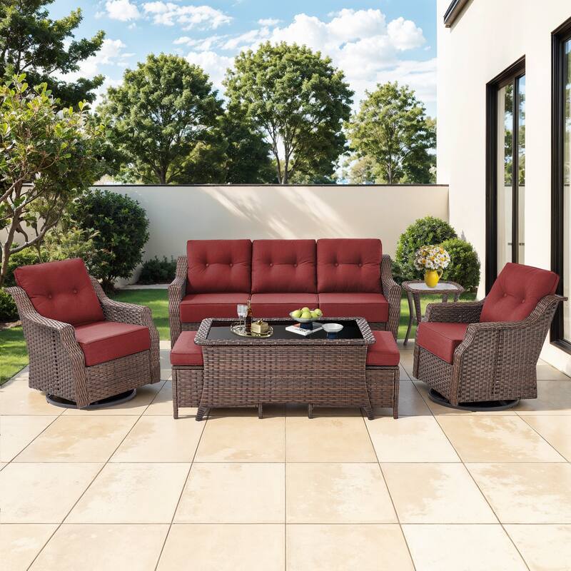 Gymojoy Wicker Patio Furniture Sofa Set, 6-Inch Ultra Thick Cushioned 360°Swivel Glider Chairs & Sofa Set - Brown Wicker / Red Cusion - 7-Piece with Ottomans