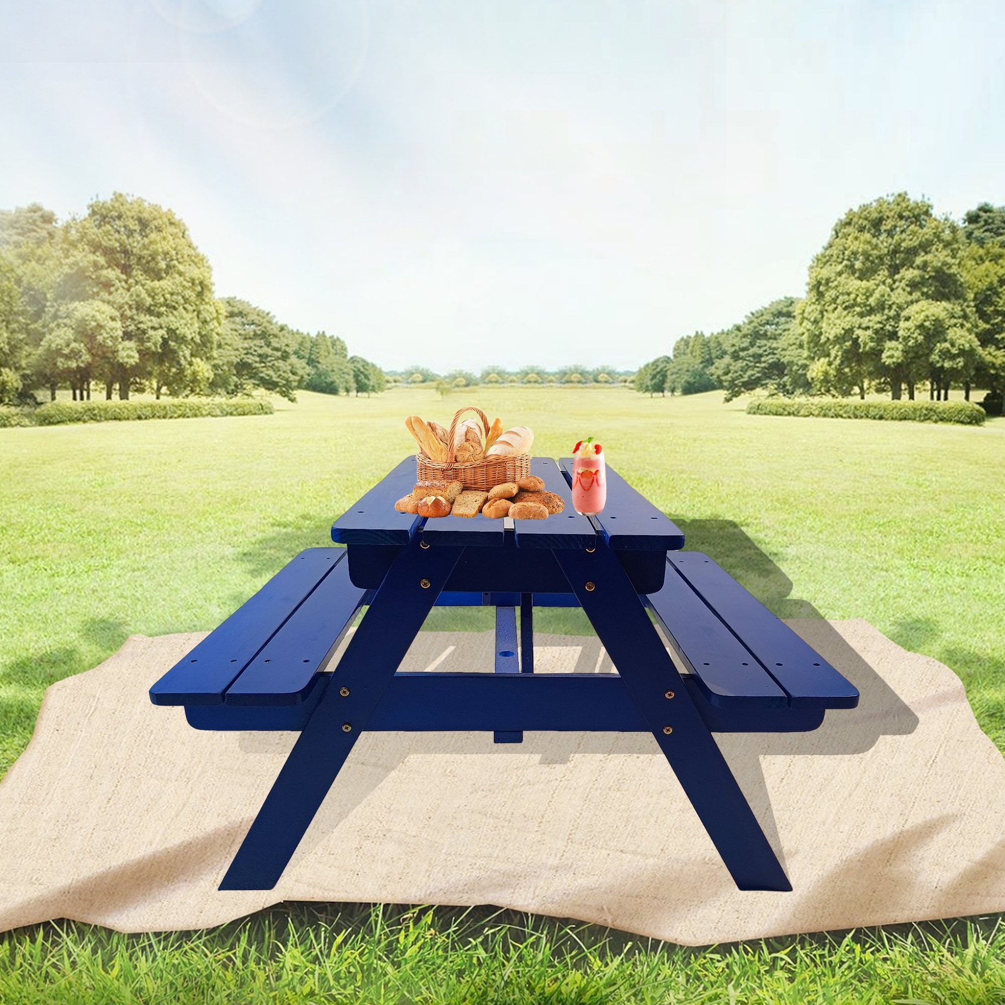 Anmytek Kids Wooden Picnic Table with Benches Blue Outdoor Patio Playground Furniture Weather Resistant
