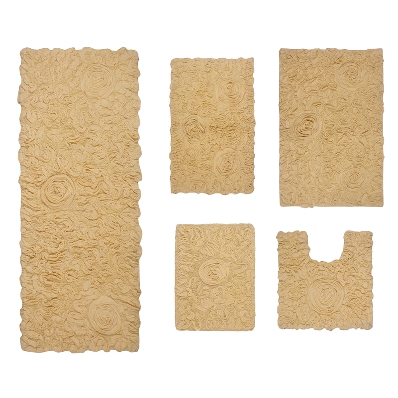 Bell Flower Collection 100% Cotton Non-Slip Bathroom Rug Set, Machine Washable Bath Rug, 5 Piece Bath Mat Set with Runner - Yellow