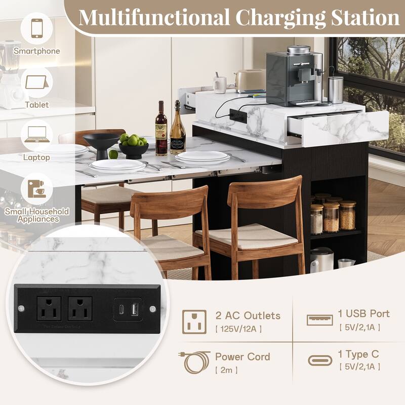 Extendable Kitchen Island Dining Table with Power Outlet, Rolling Sideboard with Folding Tabletop & Drawers