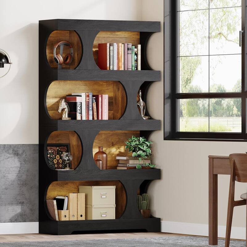 71 Inches Tall Bookcase, 4-Tier S-Shaped Bookshelf, Wood Decorative Storage Shelving