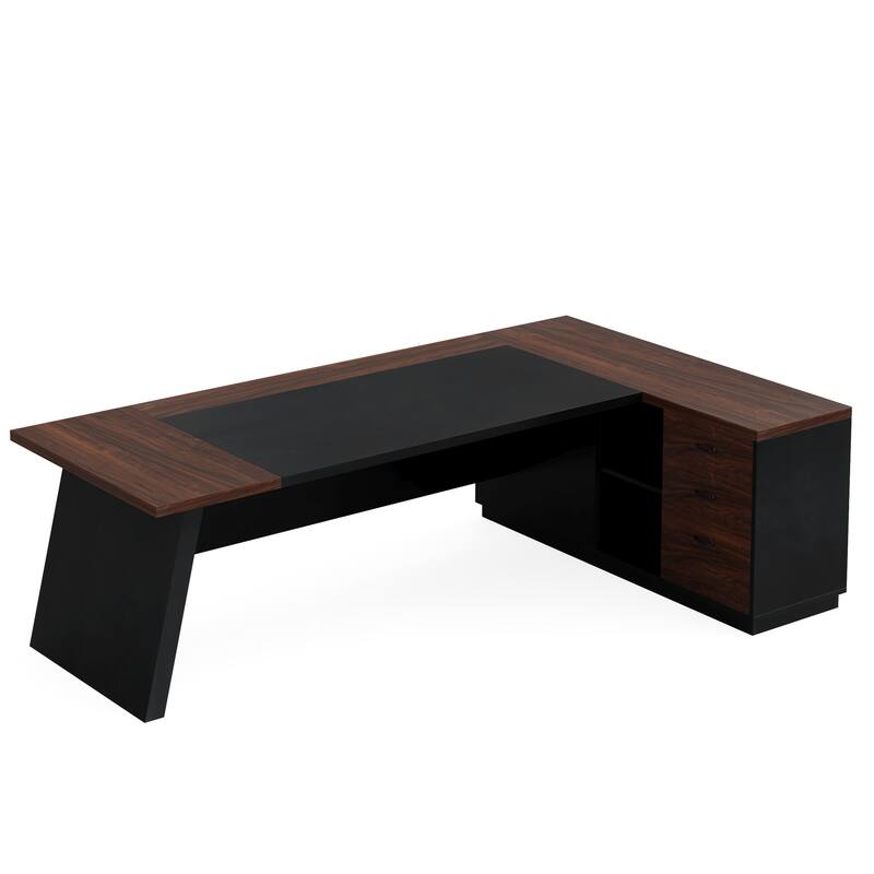 78.7" L-Shaped Executive Desk with File Cabinet Dark Walnut + Black