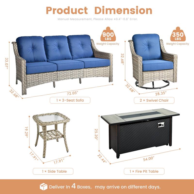 XIZZI 5-Piece Wicker Patio Furniture Set with Sofa, Swivel Chairs & Fire Pit