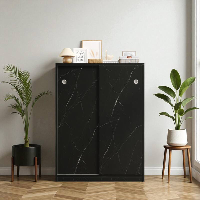 31.5" Marble Shoe Cabinet with Sliding Door, 6-Layer Large Capacity Freestanding Shoe Organizer for Entryway and Hallway - Black