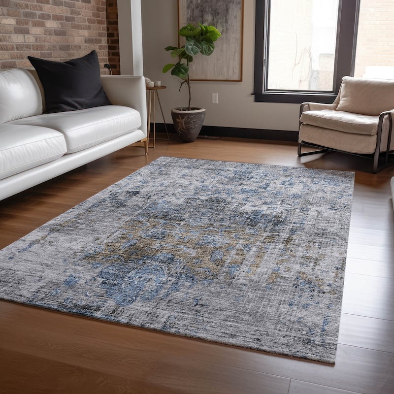 Machine Washable Indoor/ Outdoor Vintage Traditional Chantille Rug - Blue - 10' x 14'