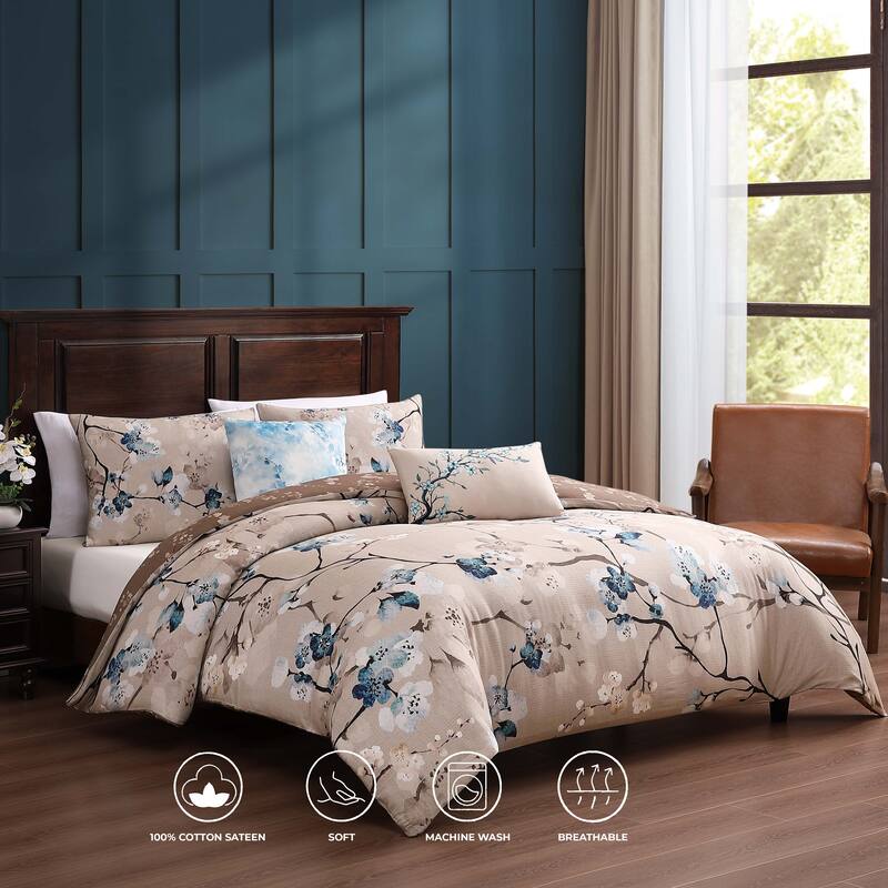 Bebejan Blue Blossom 100% Cotton Sateen 5 Piece Reversible Comforter Set