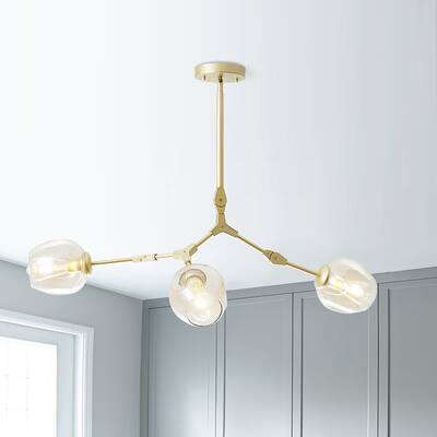 Adjustable Chandelier Pendant, Gold Chandelier with Amber Glass Shade