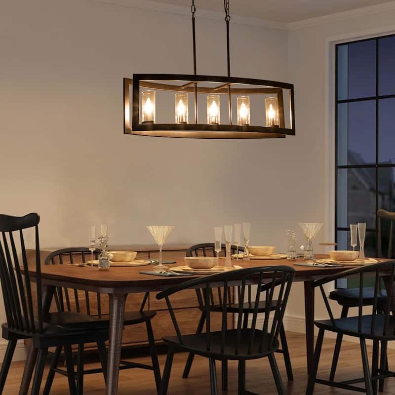 5-Light Mid-Century Modern Industrial Linear Kitchen Island Pendant Vintage Rectangle Glass Chandelier