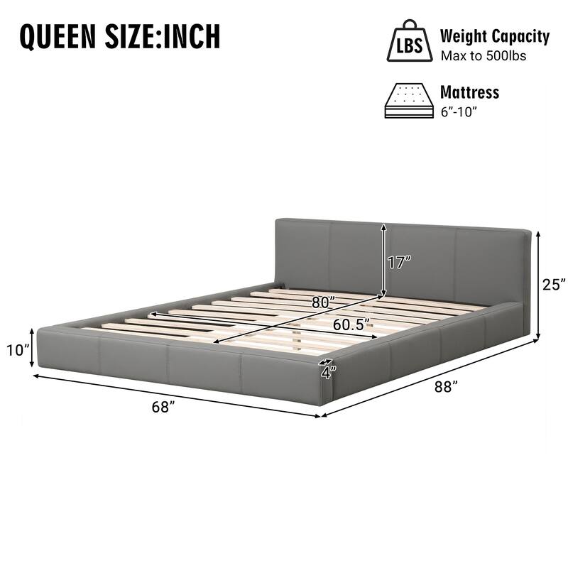 Faux Leather Upholstered Floor Bed Frame with Wood Slats Support
