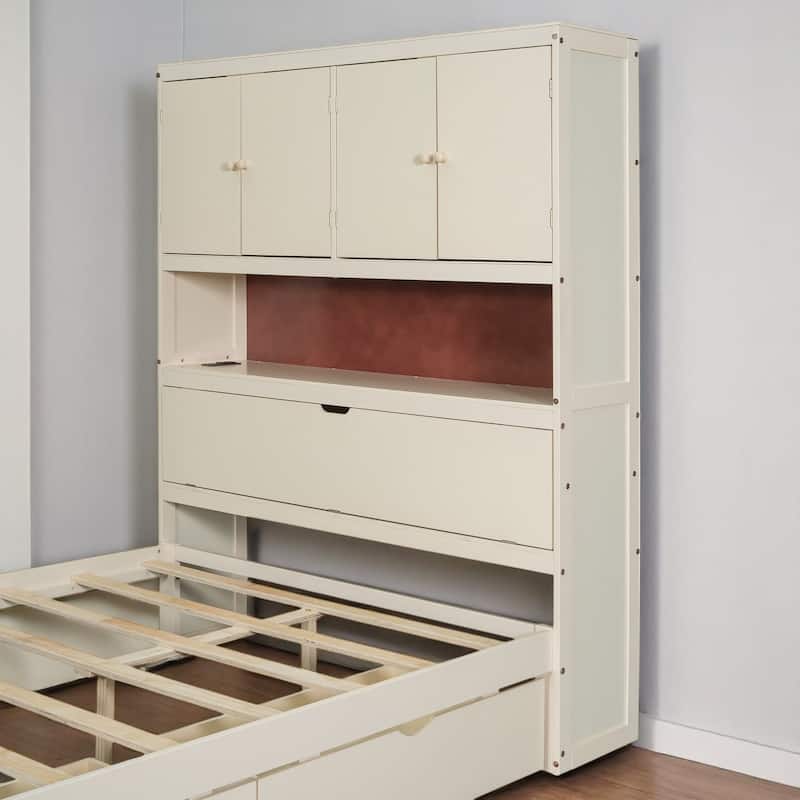 Full Size Platform Bed with Flip-Up Headboard Storage, USB Outlets, and Drawers