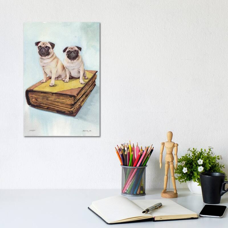 iCanvas "Pugs On Old Book" by REME Jr Canvas Print - 12x8x0.75