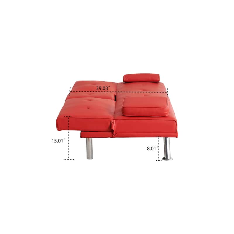 Classic PVC Leather Upholstered Convertible Futo Sofa Bed with Cup Holders
