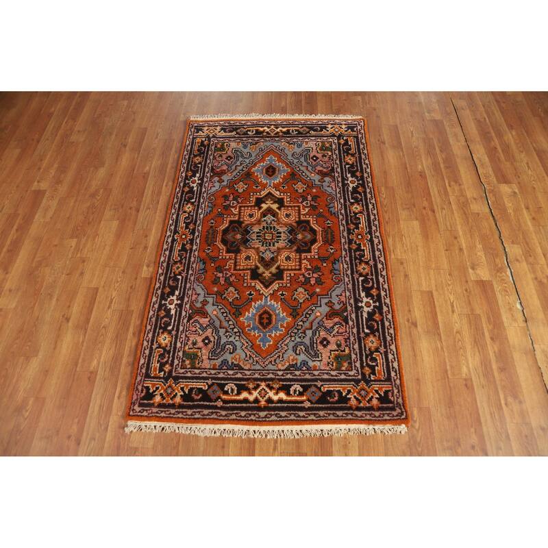 Hand Knotted Oriental 100% Wool Carpet Traditional Medallion Oranges & Rust Heriz (serapi) Area Rug - 5' 1'' X 3' 1''