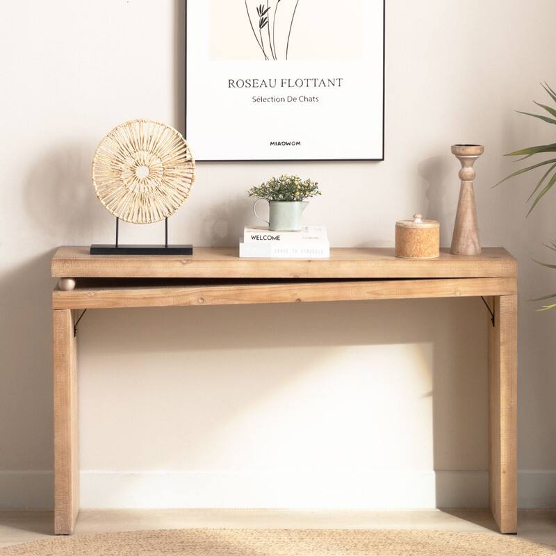 Slim Natural Wood Console Table - 52.6" Narrow Entryway Table with Bead Detail