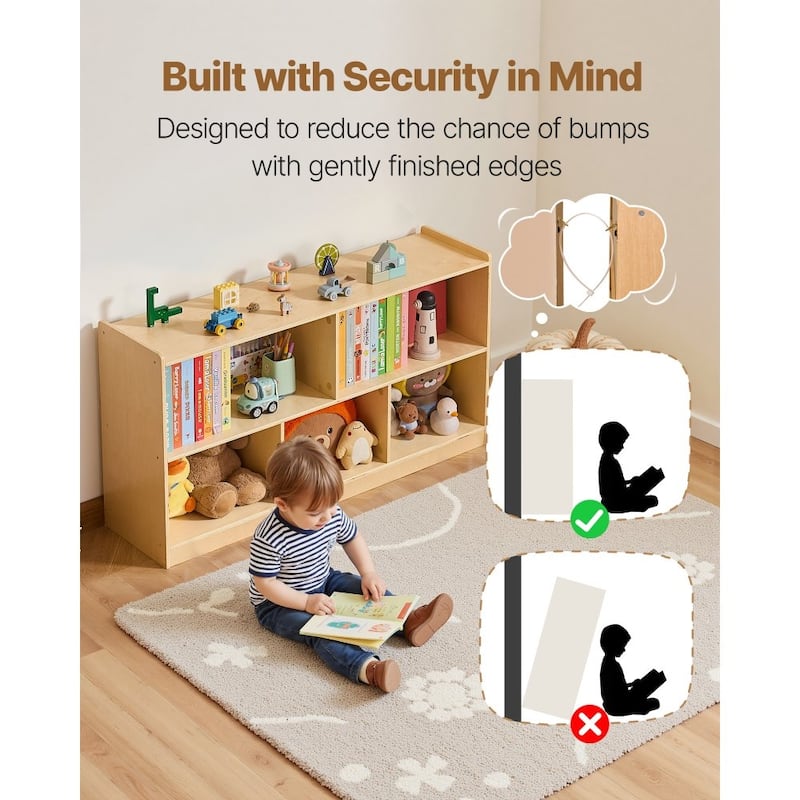 Brown Wooden Montessori Bookshelf with 5 Compartments and Top Shelf - 44.88 x 11.81 x 24.02 in